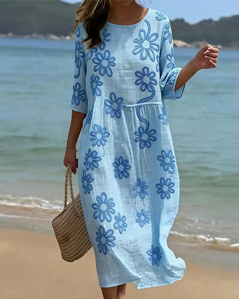Round Neck Three Quarter Sleeve Dress
