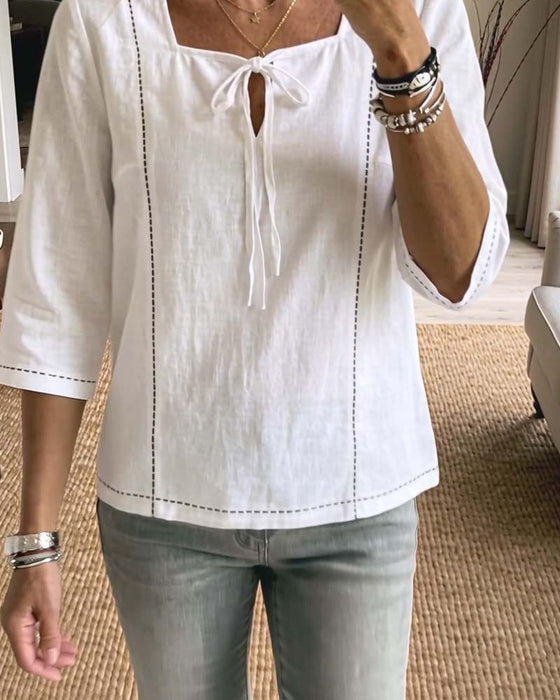 Square Neck Tie Hollow Out Blouse