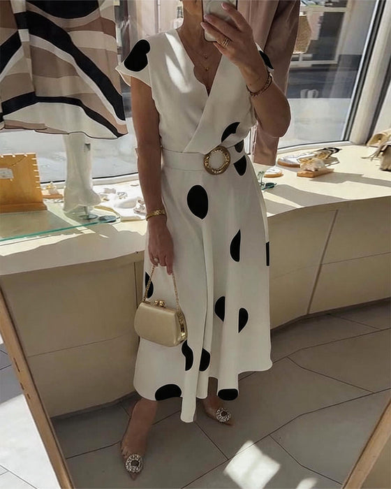 Polka Dot V-Neck Waist-Cinching Dress