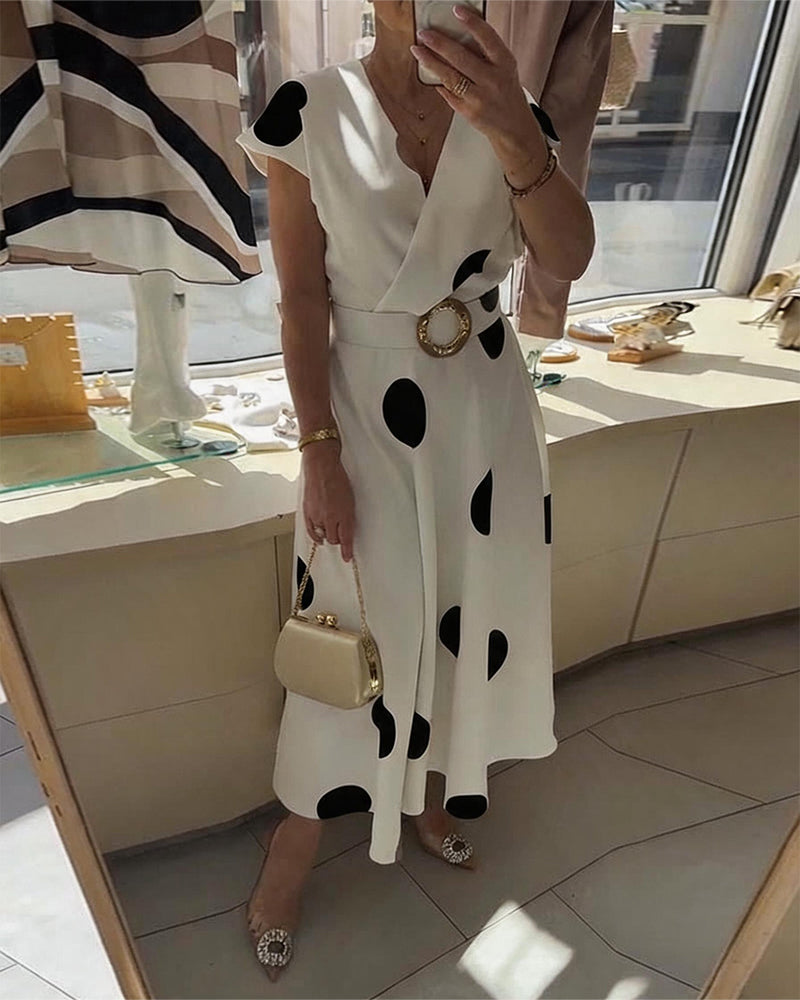 Polka Dot V-Neck Waist-Cinching Dress