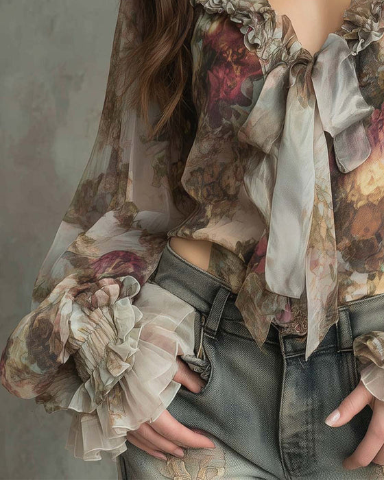 Lotus-Print Elegant Blouse