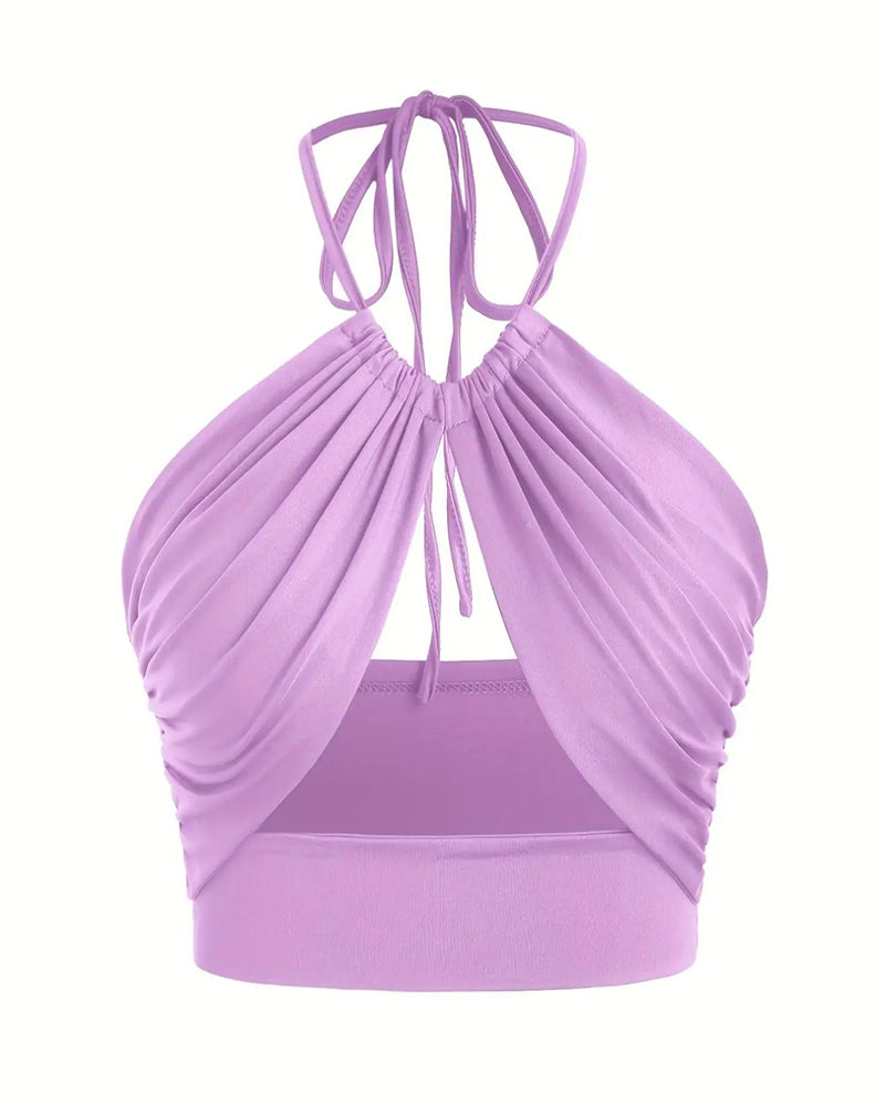 Women's Ruched Tie Back Halter Neck Crop Cami Top