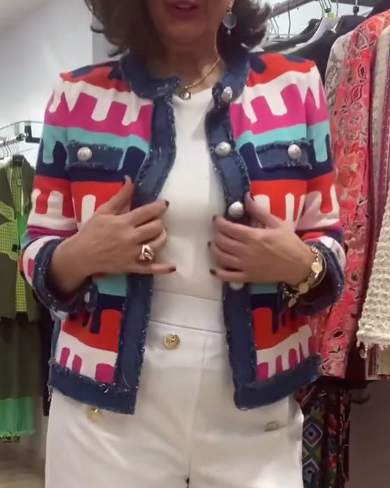 Raw edge button colorful print jacket