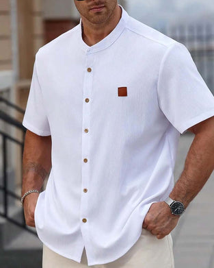 Textured Stand Collar Short Sleeve Shirt