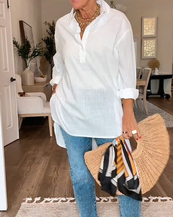 V-Neck Button Solid Color Loose Blouse