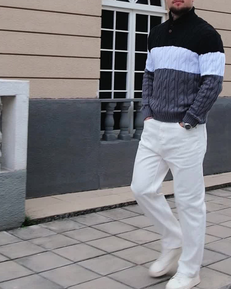 High Neck Button Contrast Men's Pullover