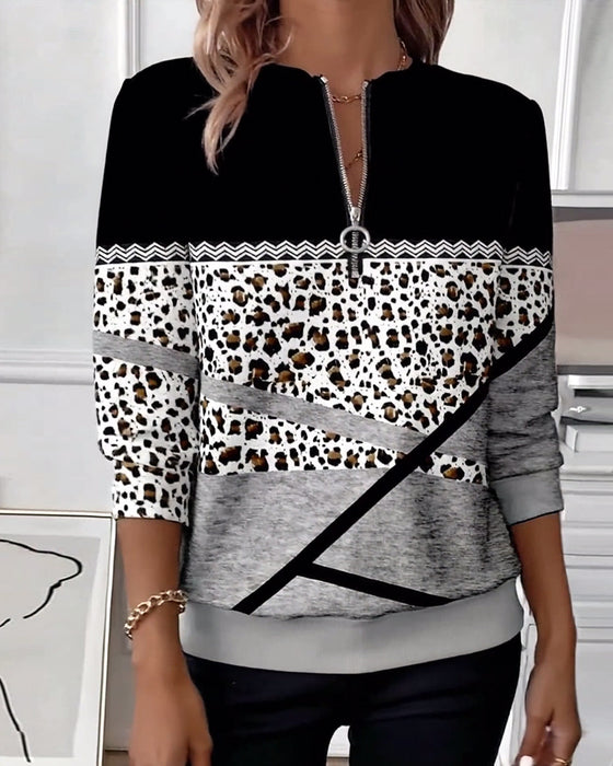 Zipper Collar Printed Sweatshirt