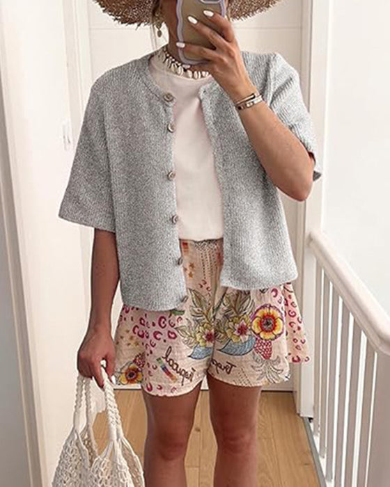 Solid Color Button-Front Short Sleeve Sweater Cardigan