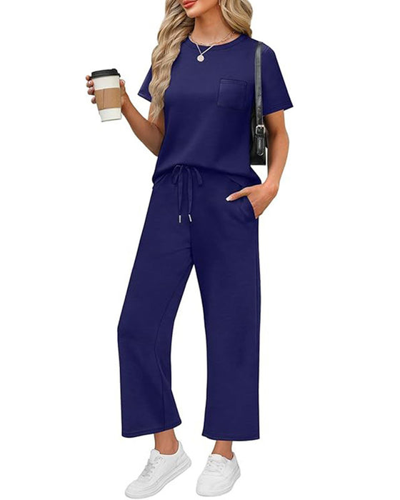 Solid Color Short Sleeve and Long Pants Set