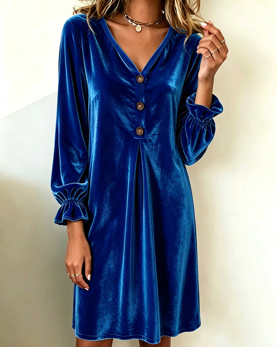 V-Neck Button Ruffle Pleated Dress