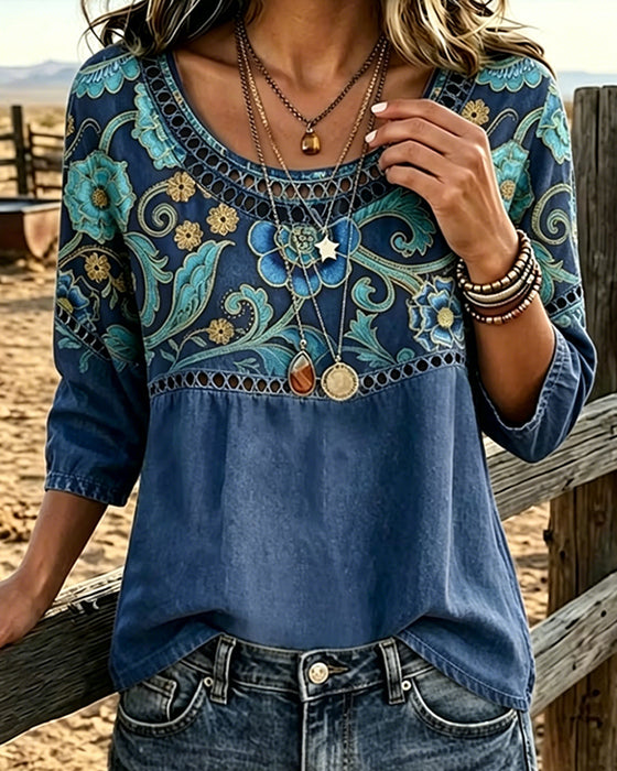 Hollow Out Print Vintage Blouse