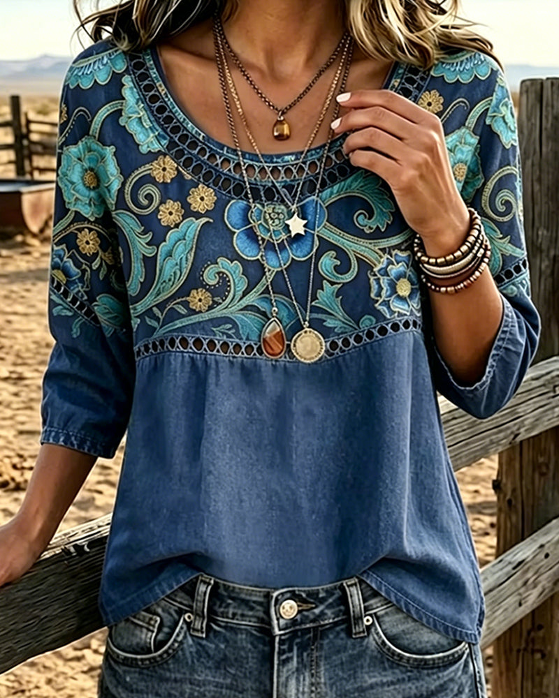 Hollow Out Print Vintage Blouse