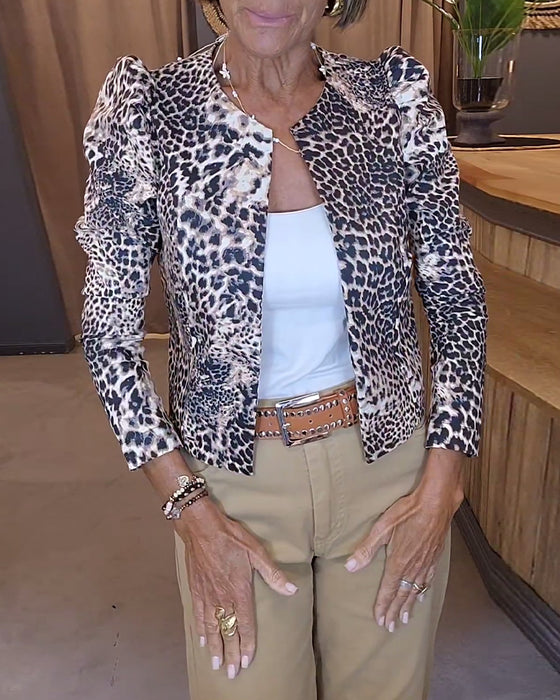 Leopard print puff sleeve casual jacket