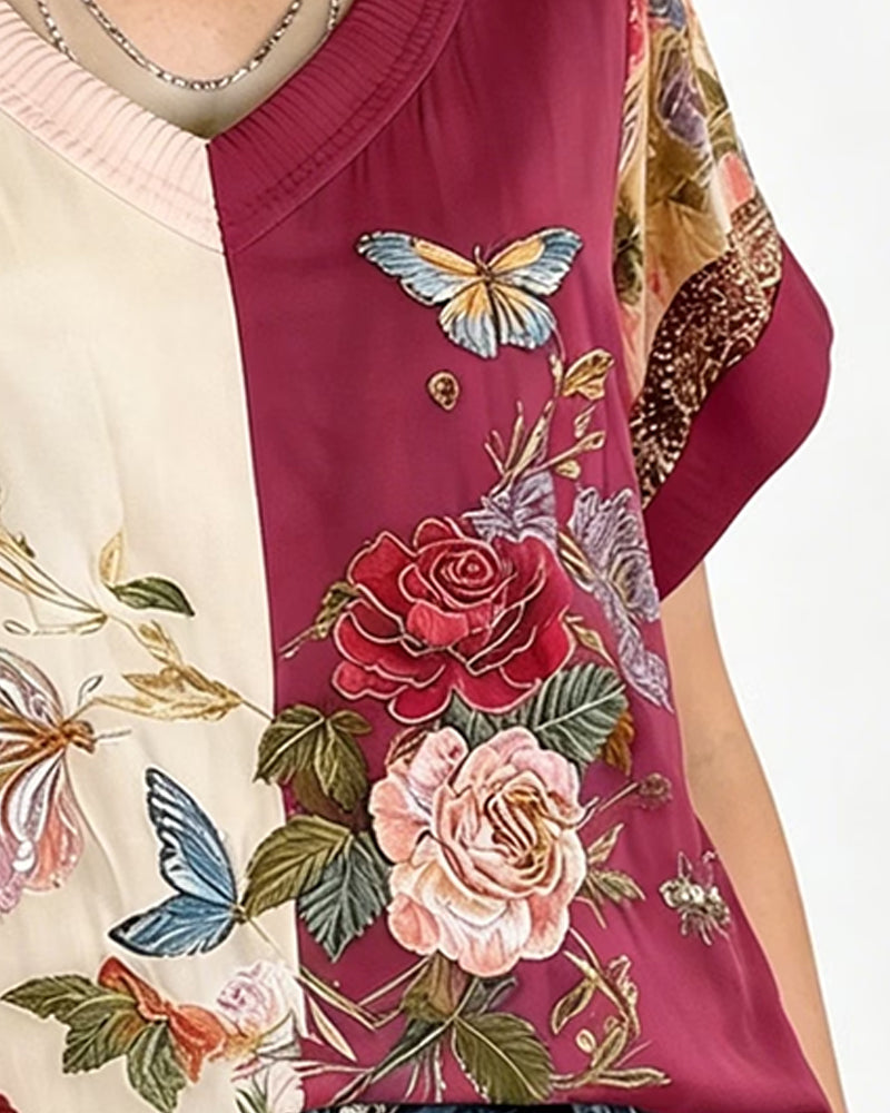 V-Neck Asymmetric Patchwork Floral Blouse