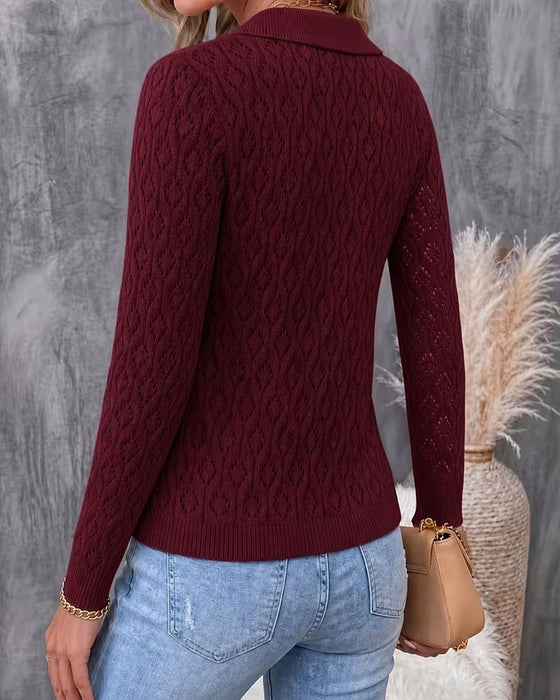 Turn-Down Collar Button Cutout Slim Pullover