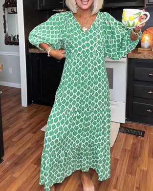 Diamond Print V-Neck Maxi Tiered Dress