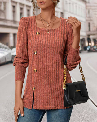Square collar button-up solid color top