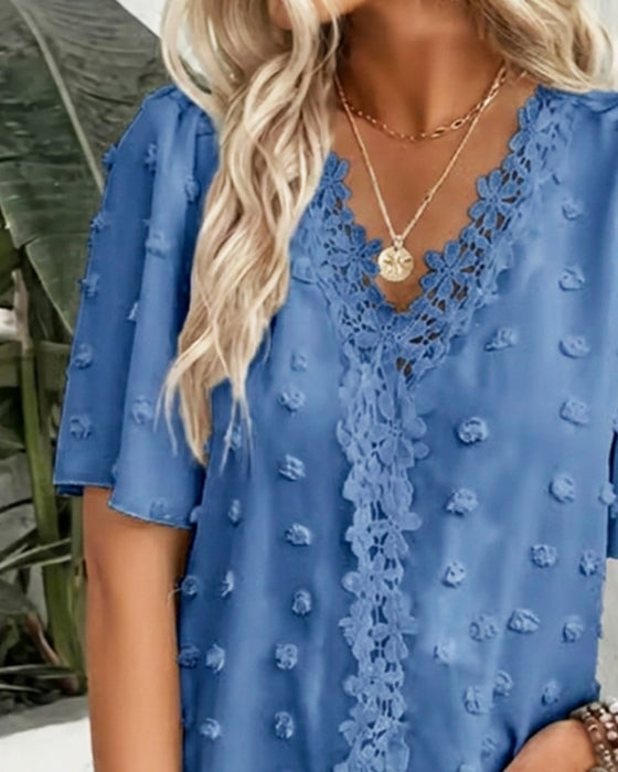 Spliced Jacquard Ruffle Sleeve Blouse