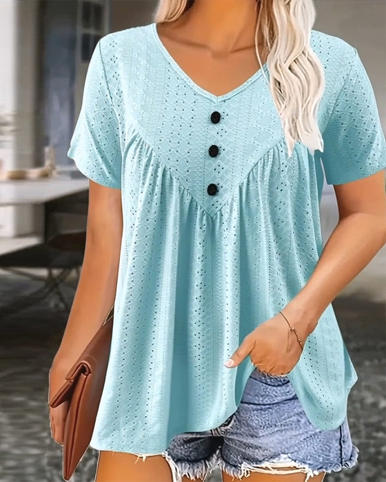 Casual Hollowed-Out V-Neck Short-Sleeve T-shirt