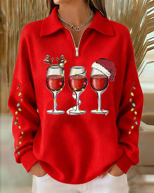 Lapel Zip Christmas Style Sweatshirt