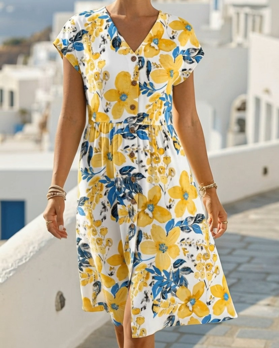 Floral Print V-Neck Short-Sleeve Dress