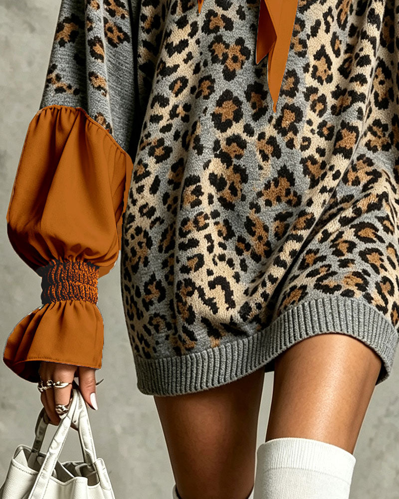 Leopard Patchwork Casual Sweater Dress