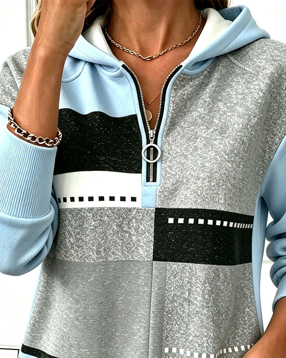 Half Zip Contrast Geometric Print Hoodie