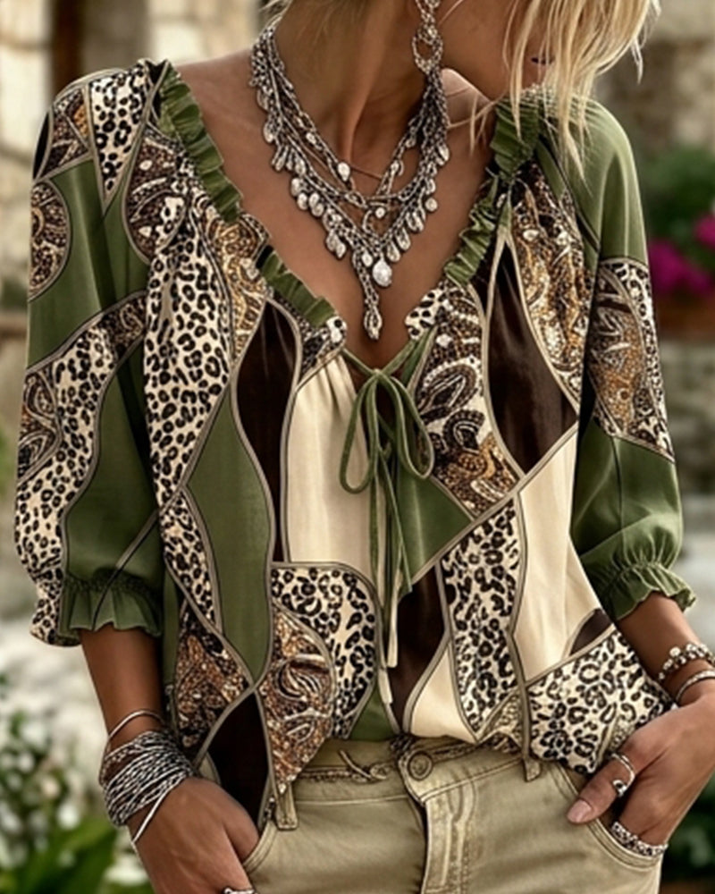 V-Neck Leopard Puff Sleeve Tie Blouse