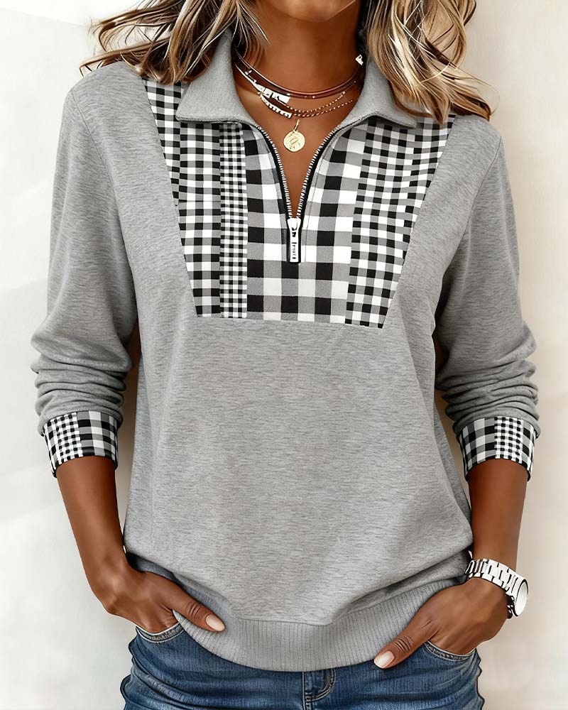 Half-Zip Plaid Long-Sleeved Sweatshirt