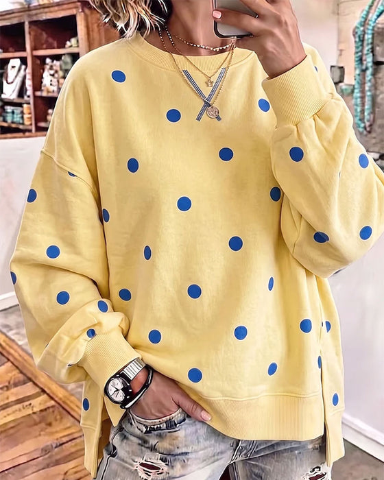 Crewneck Polka Dot Slit Drop Shoulder Asymmetric Sweatshirt