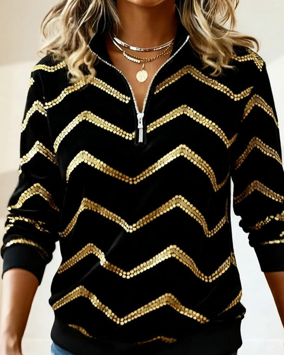 Zippered Long-Sleeve Wavy Print Sweatshirt
