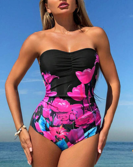 Bandeau Floral Print One-Piece Swimsuit