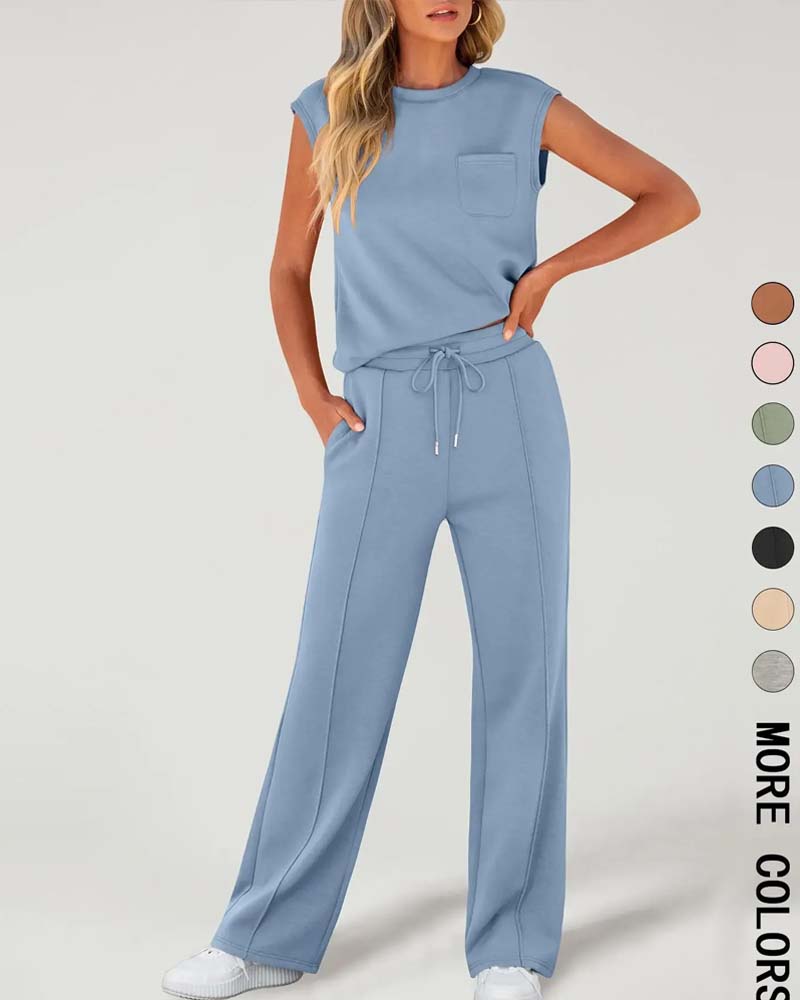 Solid Sleeveless Short Sleeve Casual Set