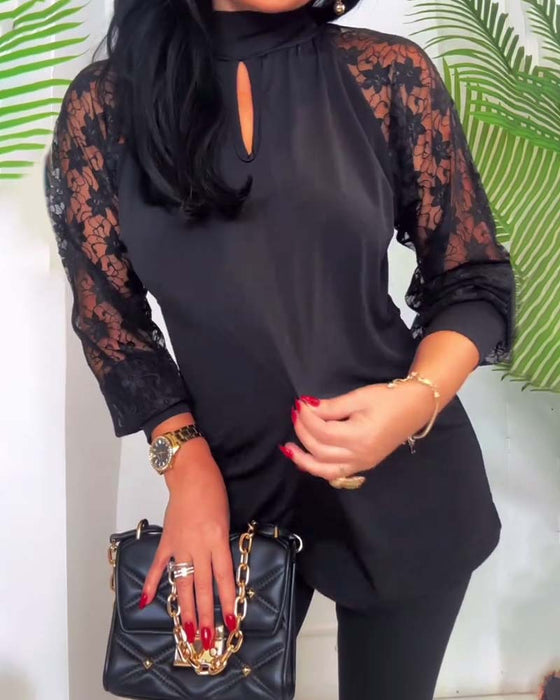 Fashion Solid Color Crochet Lace Sleeve Patchwork Top