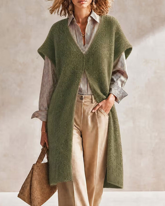Solid Color V-Neck Sweater Dress