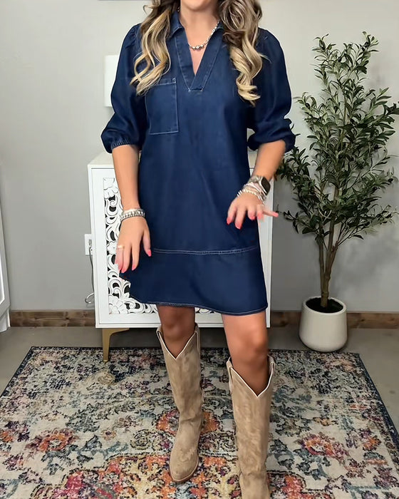 Collared Lantern Sleeve Denim Dress