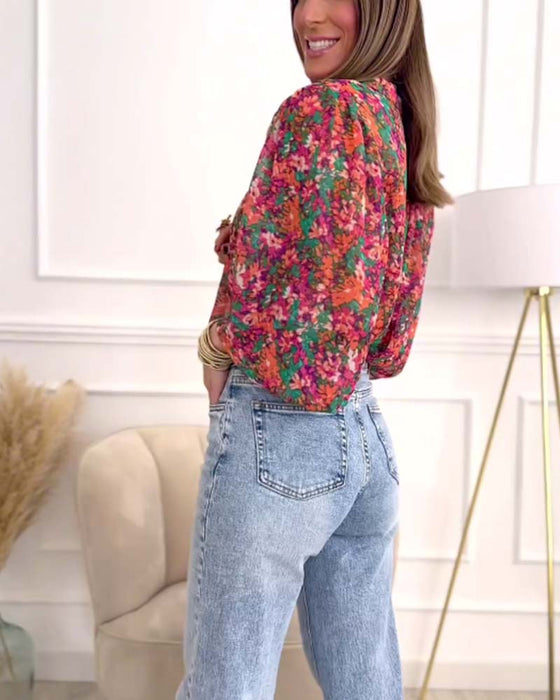 Puff-sleeve printed button-down shirt