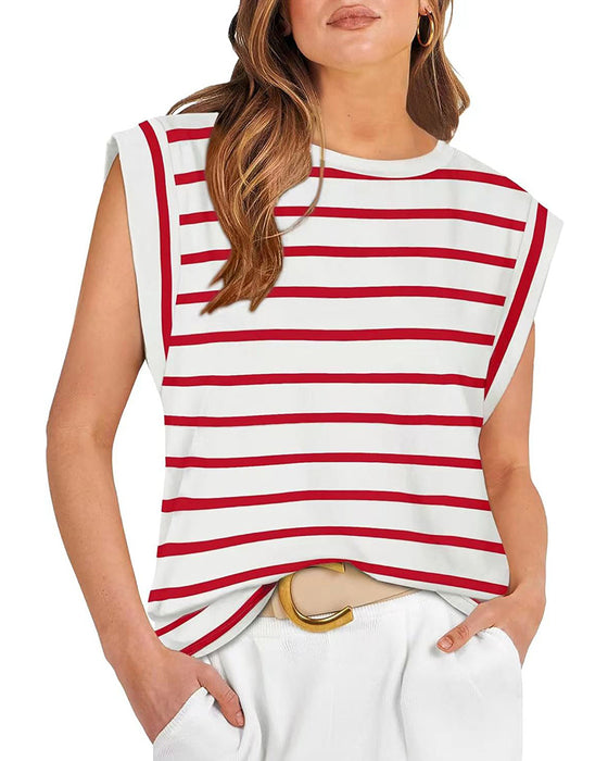 Casual striped print round neck sleeveless top