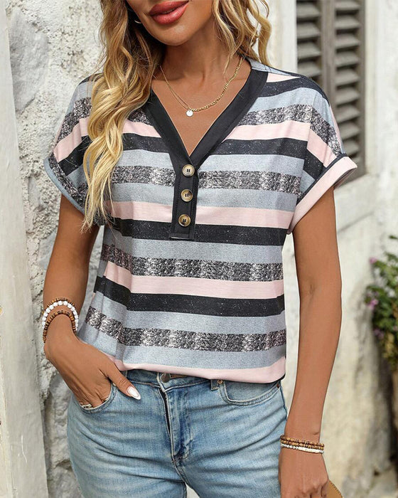 V-Neck Three-Button Striped T-Shirt
