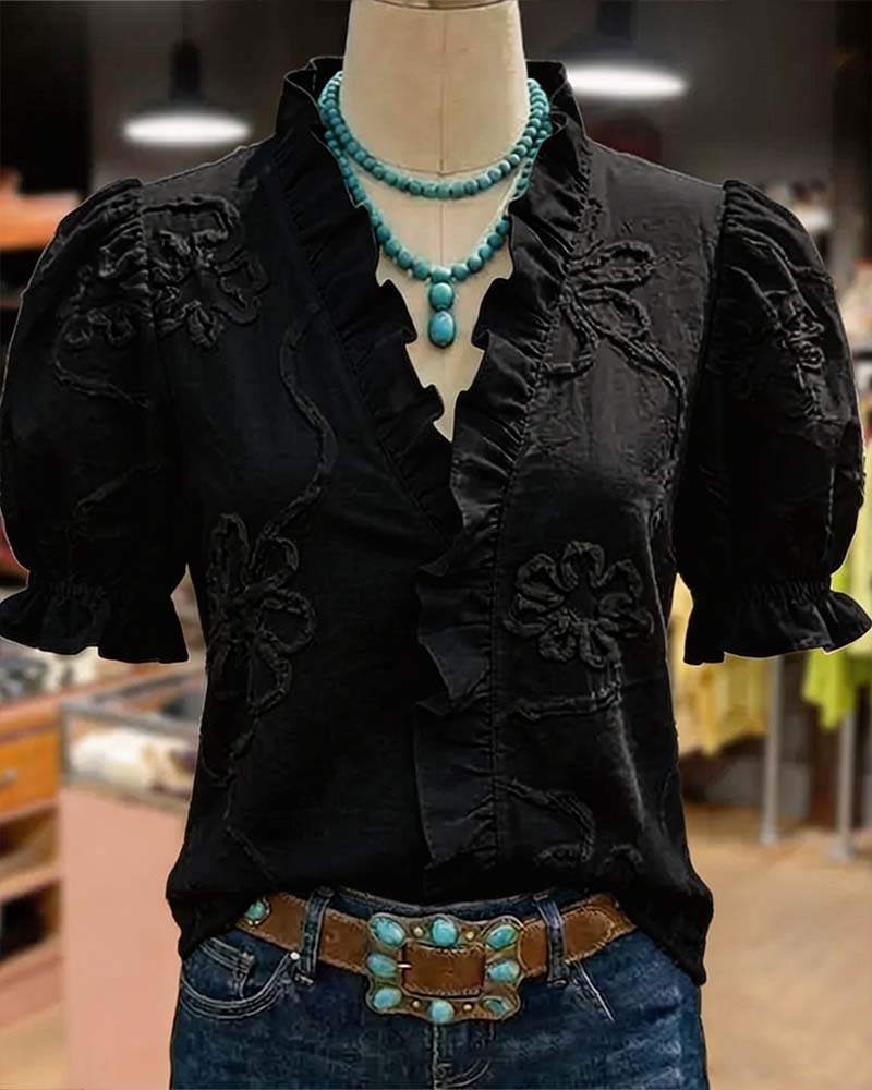 V-Neck Ruffle Trim Puff Sleeve Blouse