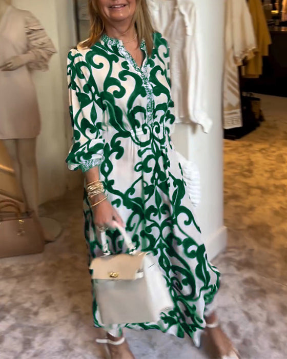 V-Neck Printed Loose Dress