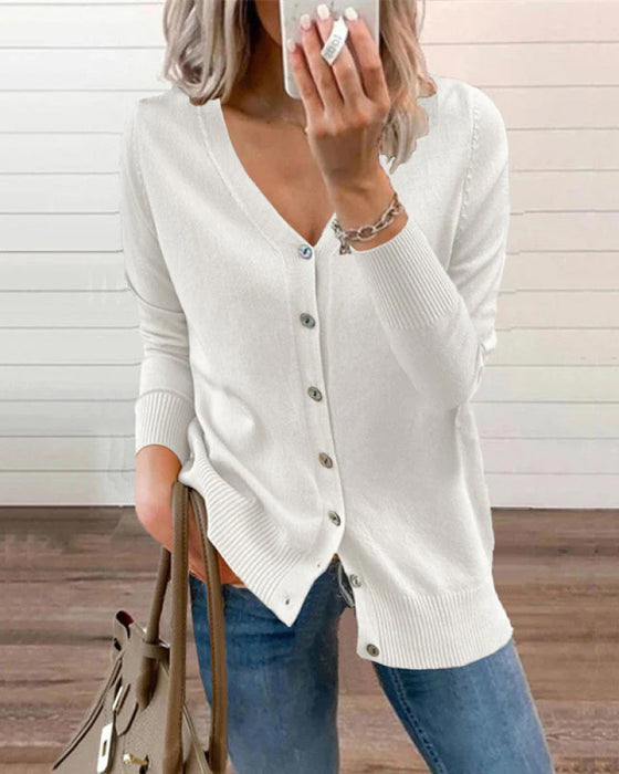 Plain Knitted Top With Button Closure And V-Neck For Women
