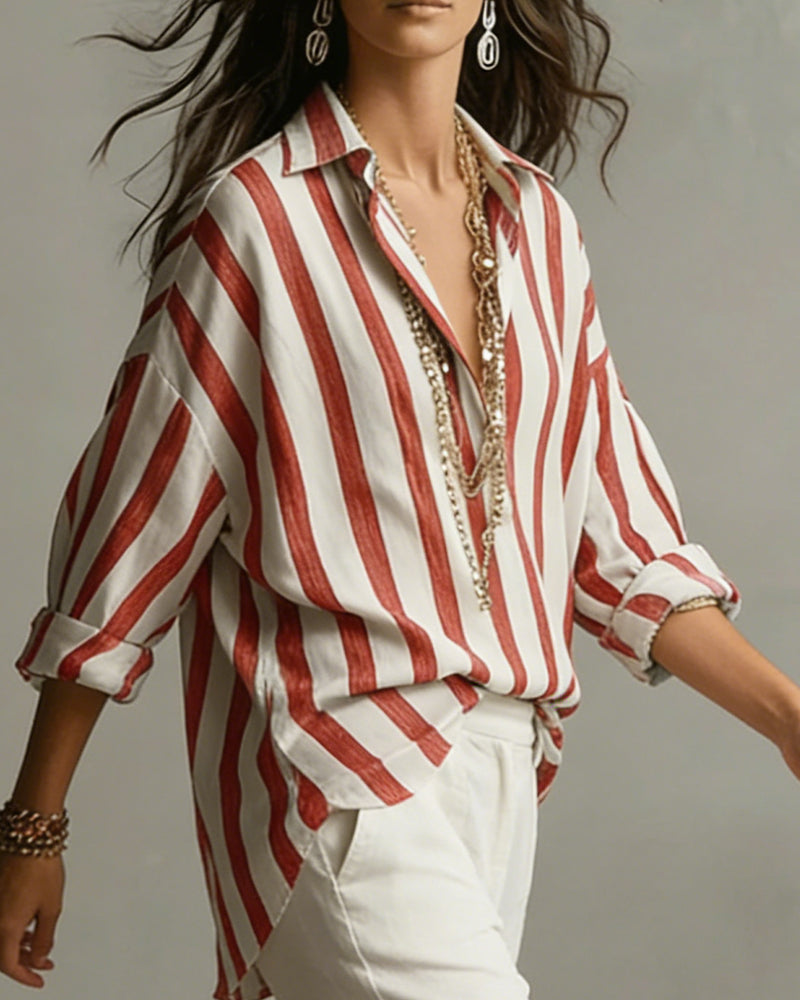 Long-Sleeved Striped Collared Blouse