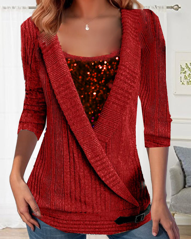 Fashion solid color sequin square neck fake two piece top