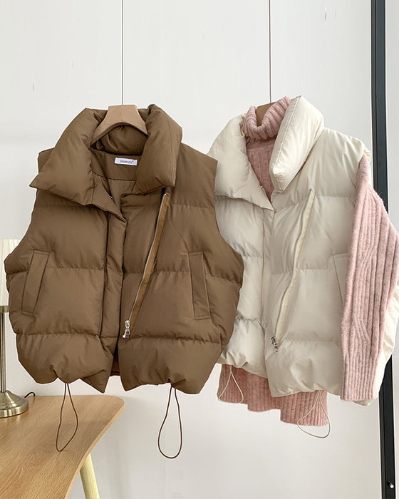 Simple solid color zipper pocket sleeveless padded jacket