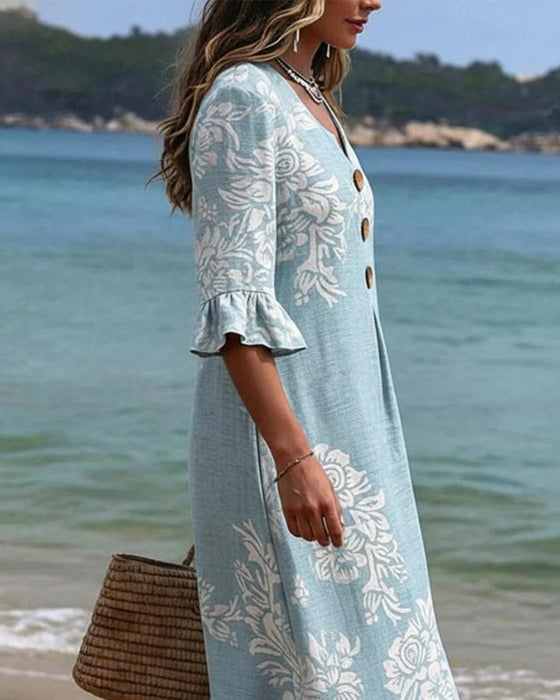 Floral Print Three-Button Long Dresses