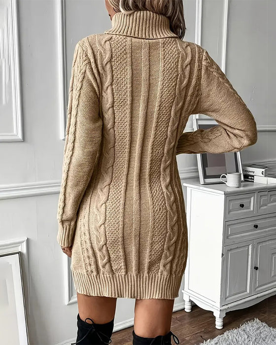 Stylish Solid Color Turtleneck Sweater Dress