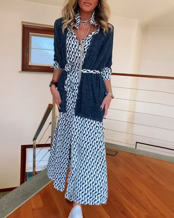 Geometric print lapel slit dress