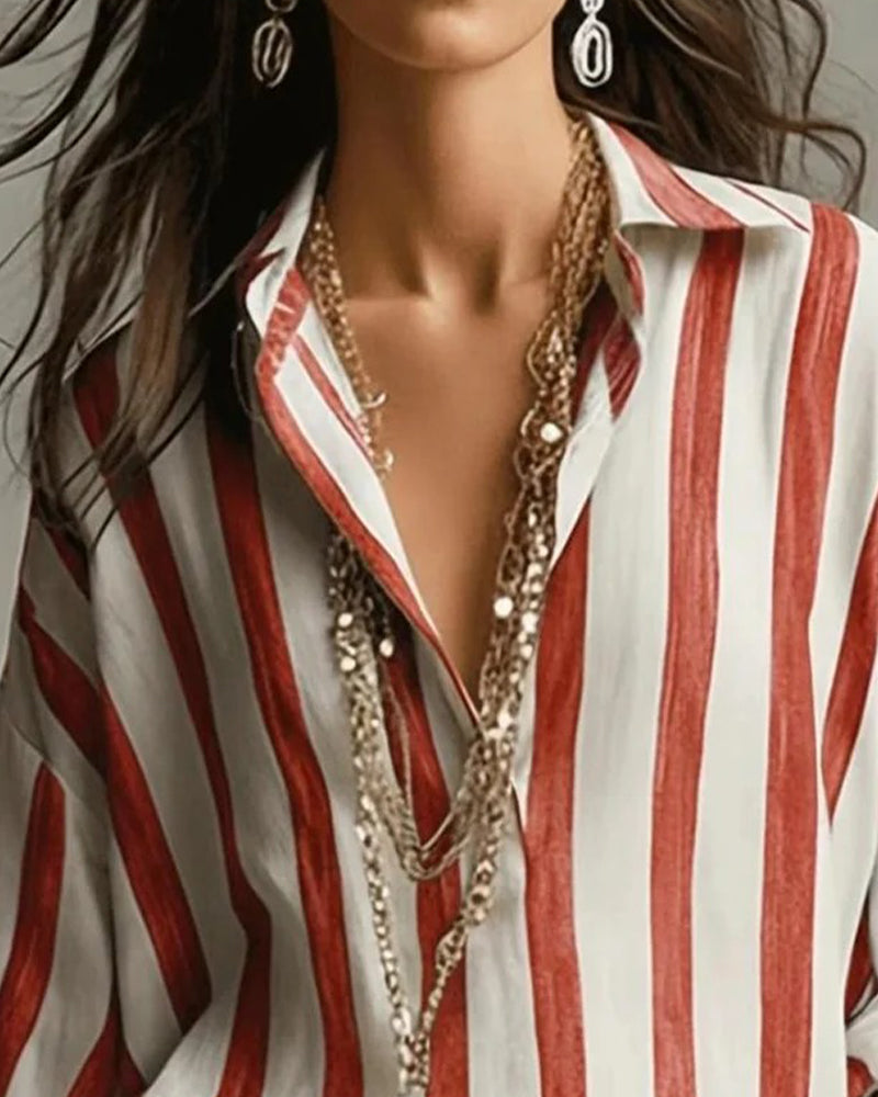 Long-Sleeved Striped Collared Blouse