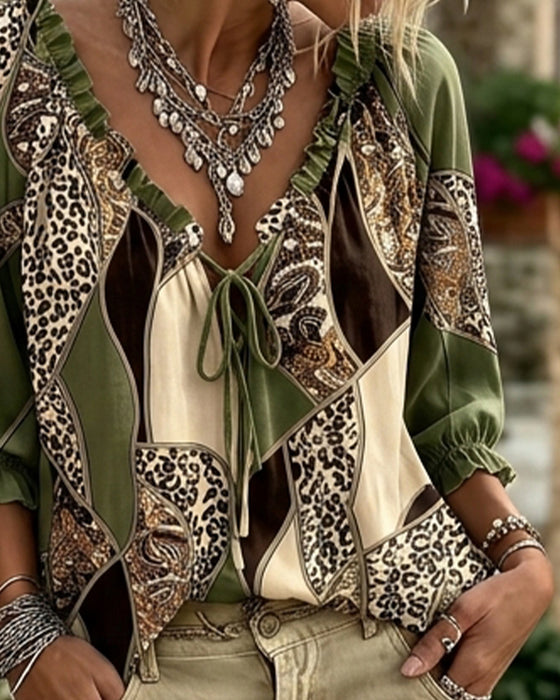 V-Neck Leopard Puff Sleeve Tie Blouse